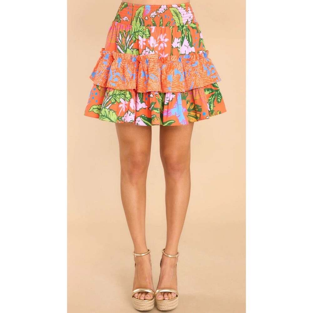 ALDEN‎ ADAIR Angela Skirt In Jungle Cruise Tiered Ruffle Smocked Mini Skirt Sz S
